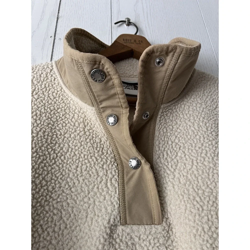 VINTAGE North Face Cragmont Pullover Jacket Deep Pile Fleece T Snap LARGE CREAM